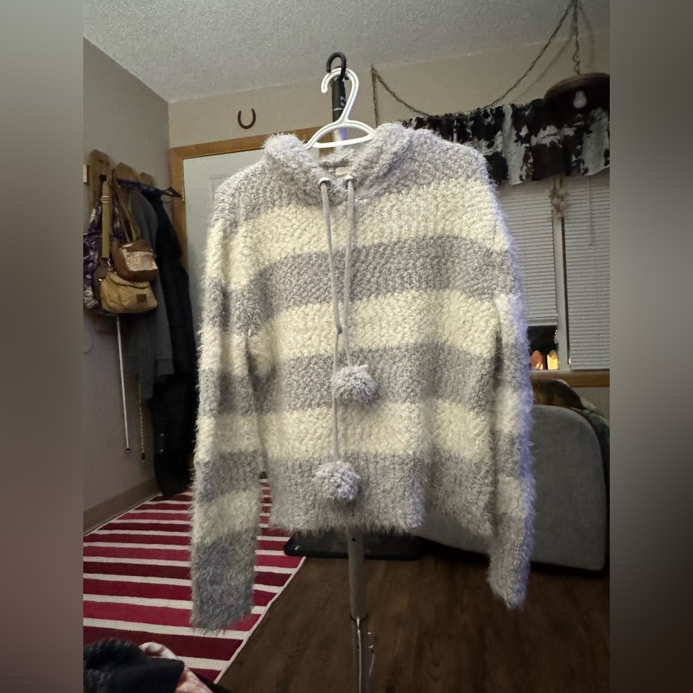 Women's Fuzzy Striped Turtleneck Sweater - Gray and Cream